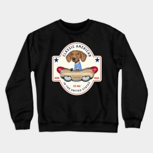 Cute Doxie Dog driving retro classic hotdog car on Dachshund Classic American Crewneck Sweatshirt